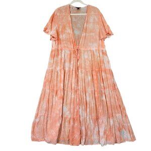 Torrid Kimono Womens 2 (2X) Peach Clip-Dot Tie Dye V Neck Boho Flutter Sleeve